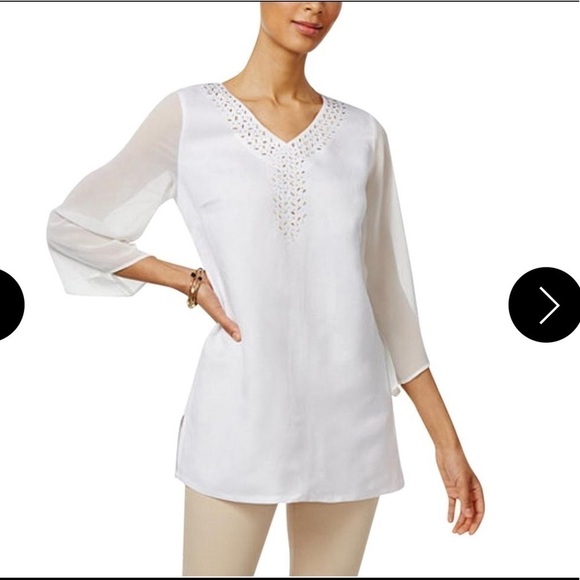 𝅺jm Collection- White Linen Blend Blouse top Sheer Sleeves L - Picture 1 of 6